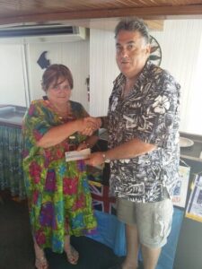 Skål International Suva President, Annemarie de Vos presented a cheque for $2400 to Wananavu Beach Resort General Manager and Skål International Suva member Mr Allan Carter for the post Tropical Cyclone Winston Staff Appeal